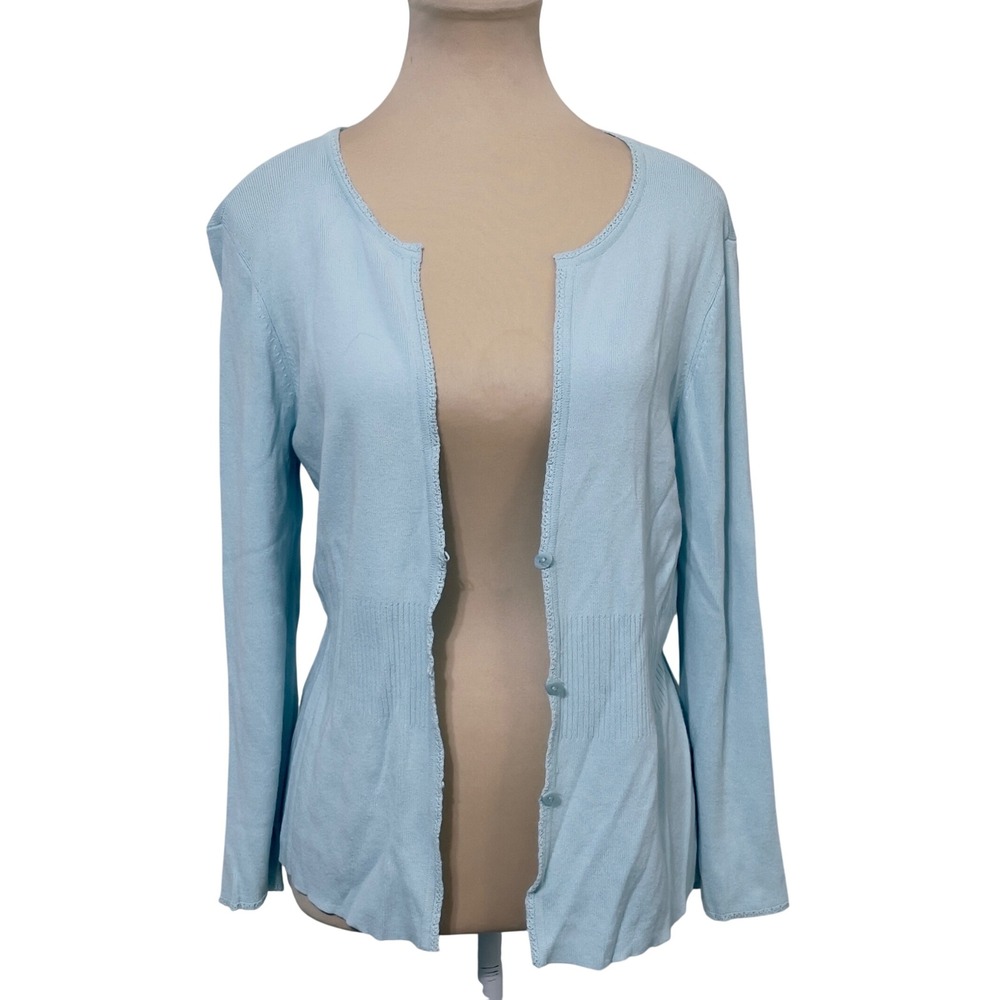 Sigrid Olsen Sport Cardigan M Blue Knit Long‎ Sleeve Button Front Preppy Coastal